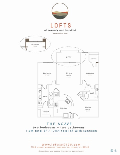 Floor plan for 2 beds, 2 baths, 1454 sqft
